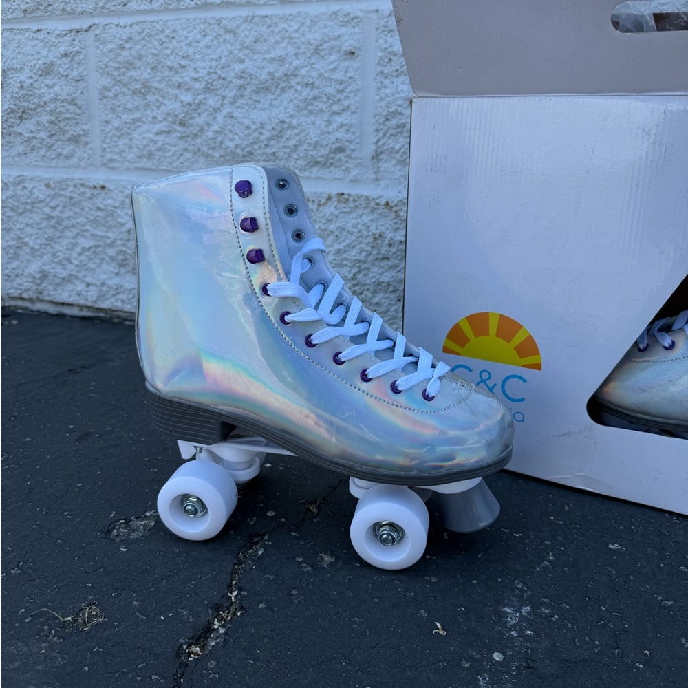 Holographic Roller Skates with White Wheels